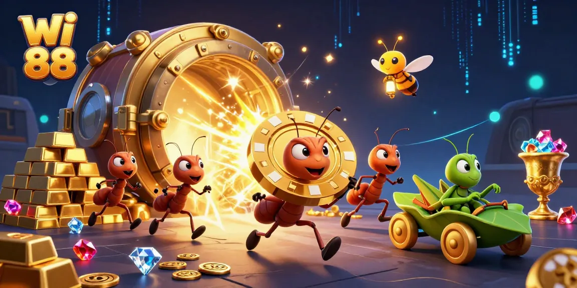 Join the excitement with wi 88 as ants carry a giant poker chip through a gold vault in an action-packed scene.