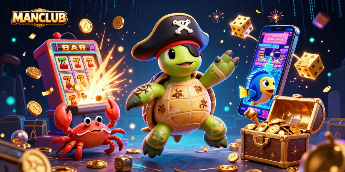 Experience the thrill at MANCLUB with a cartoon pirate turtle, jackpot rewards, and energetic gaming action.
