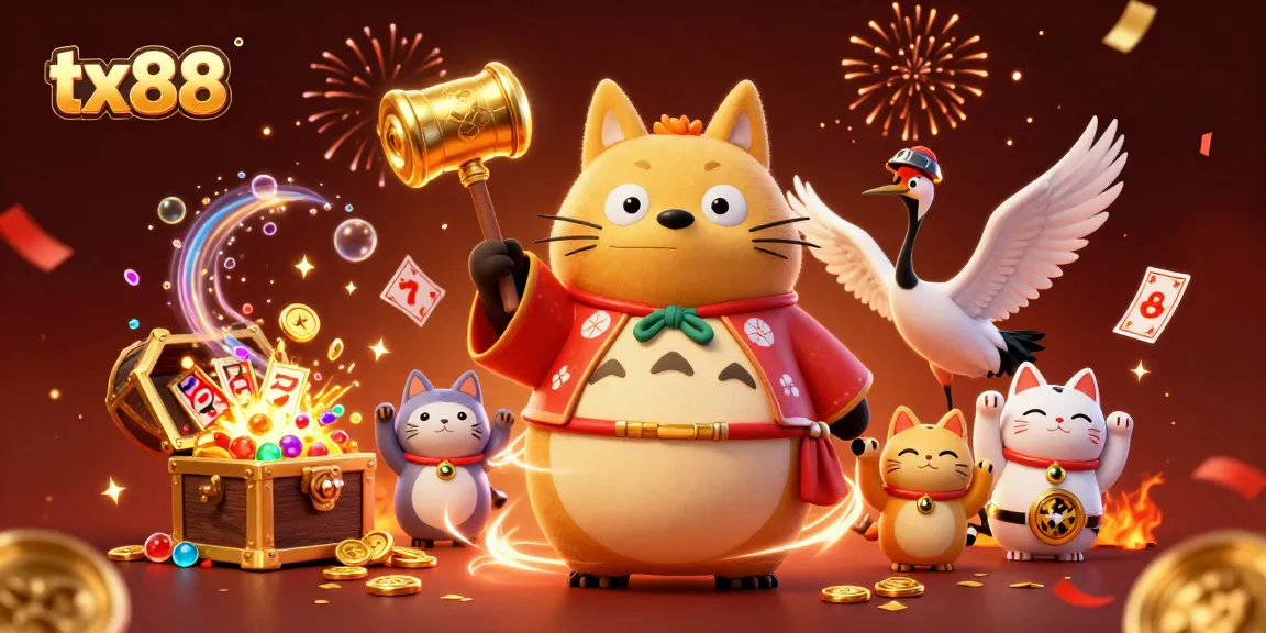 Play your luck with tx88’s vibrant casino scene featuring playful characters and dynamic game elements.