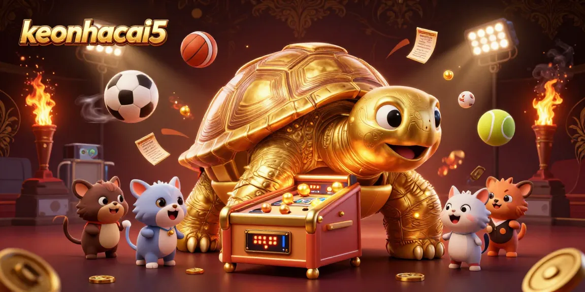 Bet on keonhacai5 with a golden tortoise as a pinball machine, vibrant sports elements.