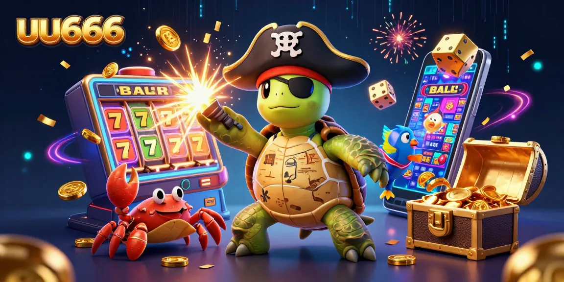 uu666 showcases an exciting jackpot scene with a cartoon pirate turtle, captivating players in a vibrant casino atmosphere.