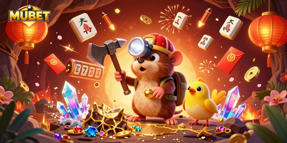 MUBET treasure hunter mole mining for riches in a vibrant casino-themed cave with glowing gems.