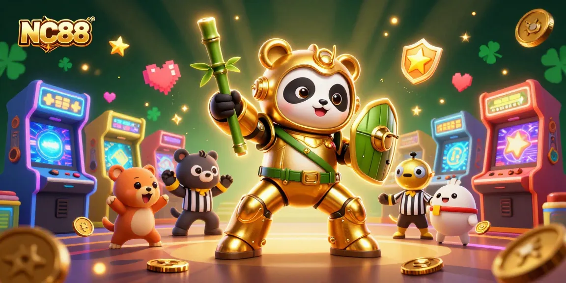 Experience NC88's thrilling gaming atmosphere with a panda in mech suit amidst an energetic casino arena.