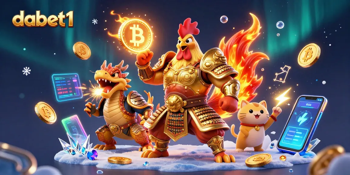 Dabet1 ignites excitement with a gaming scene featuring a fiery rooster warrior and armored dragon amidst dynamic crypto elements.