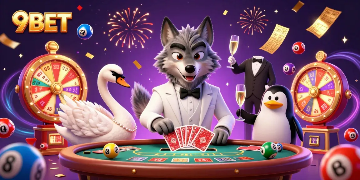 Engage with the vibrant world of 9BET featuring lively characters celebrating around a dynamic casino scene.