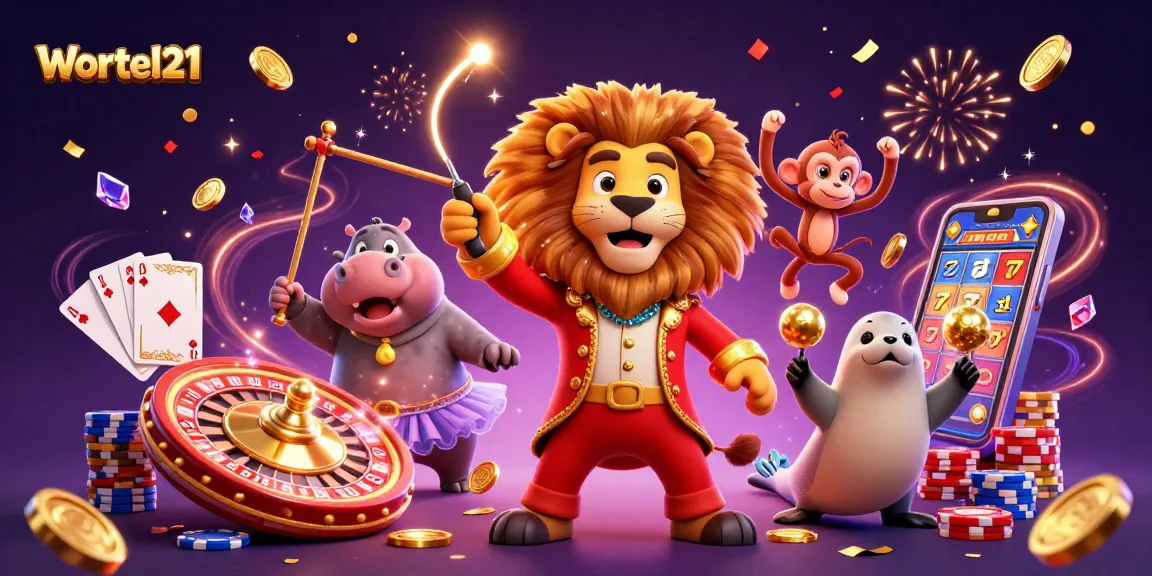 Wortel21 brings excitement as a lion ringmaster leads a dynamic casino scene with games and prizes.