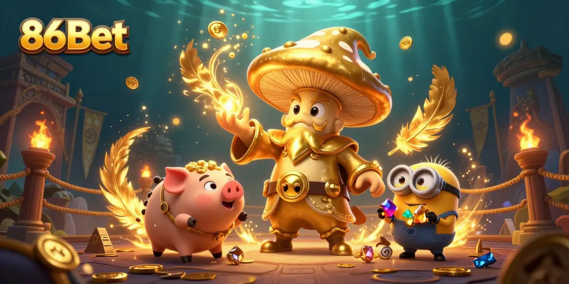 Experience the magic of winning with 86Bet and treasure-hunting characters in this dynamic casino scene.