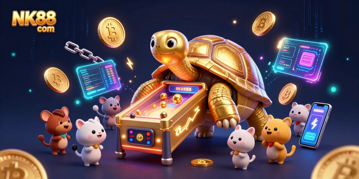 Play exciting games at NK88 com with vibrant visuals of a colossal tortoise and crypto elements.
