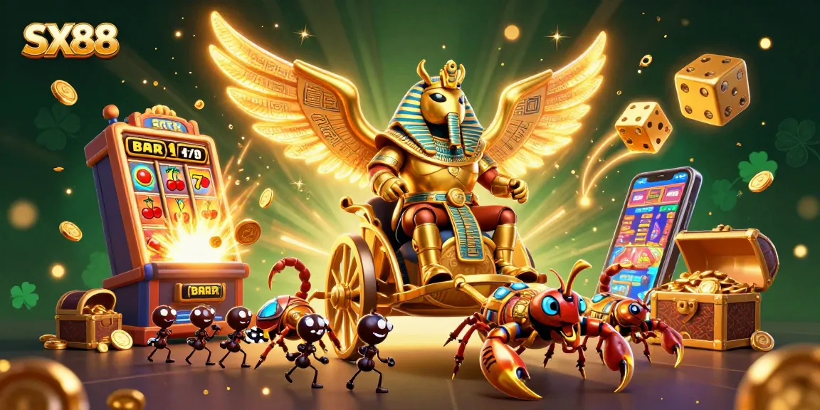 SX88 players experiencing a dynamic casino adventure with a golden scarab and exciting game elements.