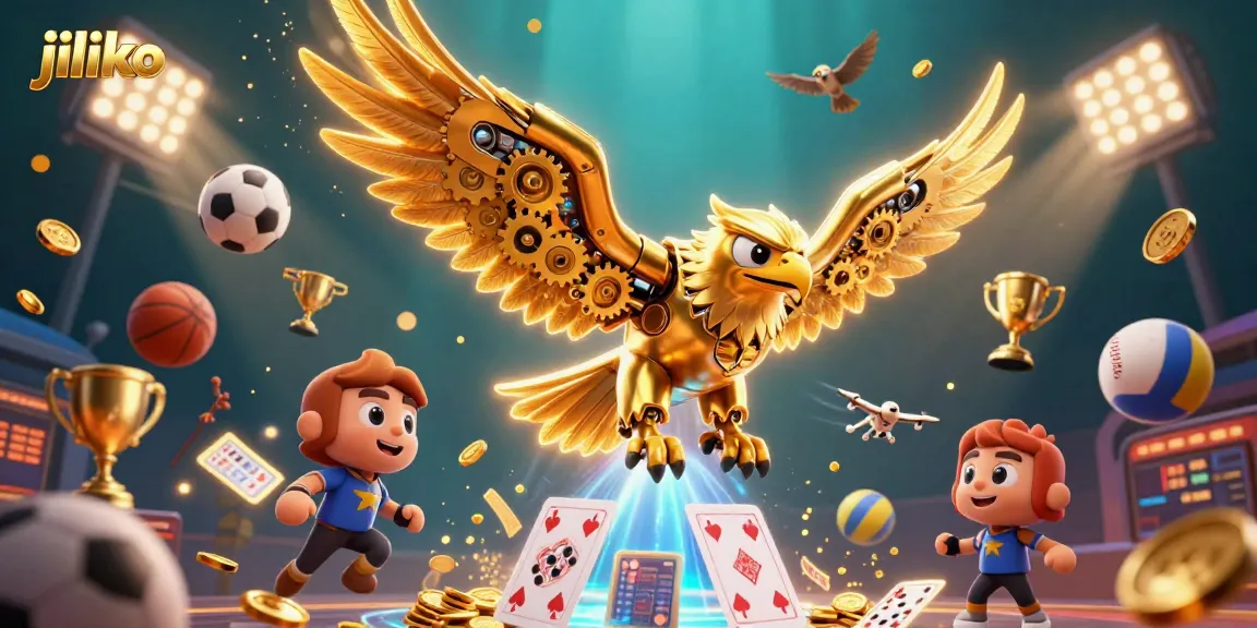 Experience thrilling games at jiliko with a dynamic 3D illustration featuring golden eagle and sports action.