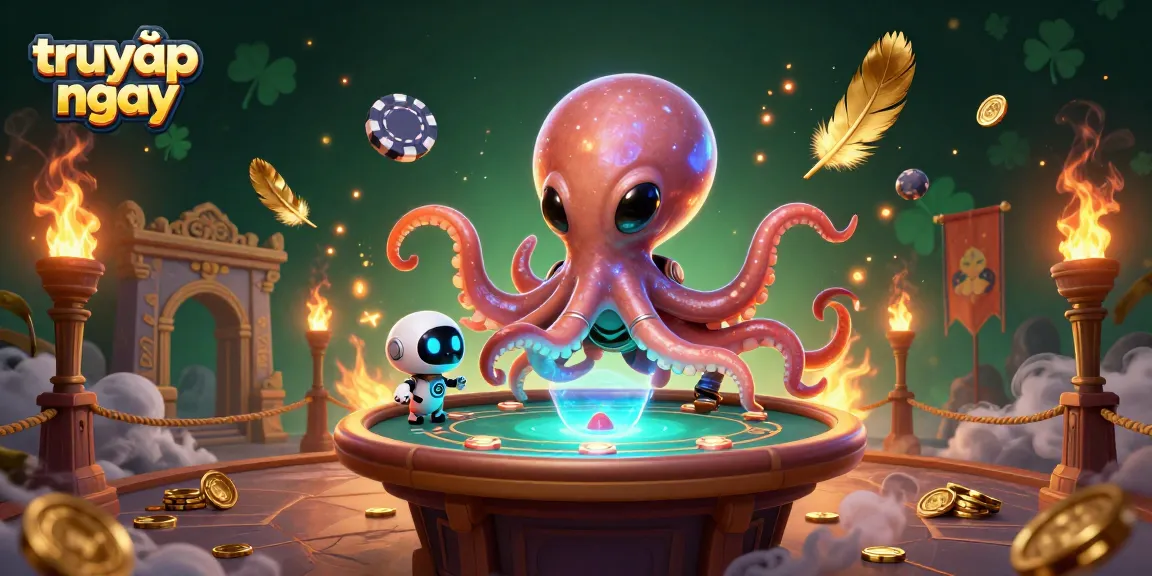 Engage in thrilling gameplay with "truy cập ngay" as the alien octopus sets the floating poker table, showcasing vibrant casino action.