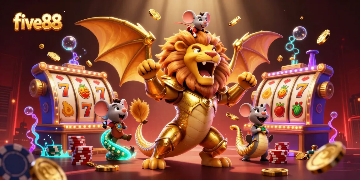 Experience the thrill with five88 as the chimera creature captivates players in a vibrant casino setting.