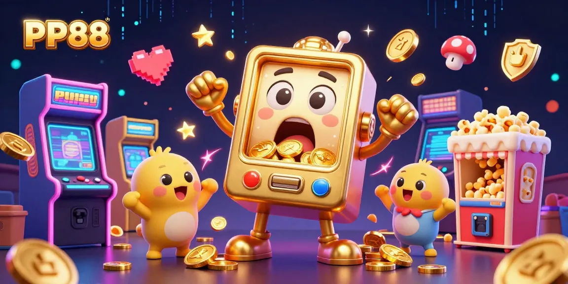 Engage with PP88's lively slot scene featuring cartoon machines and vibrant arcade elements.