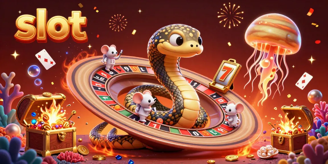Engaging slot scene with a snake roulette wheel as mice place bets among colorful treasures.