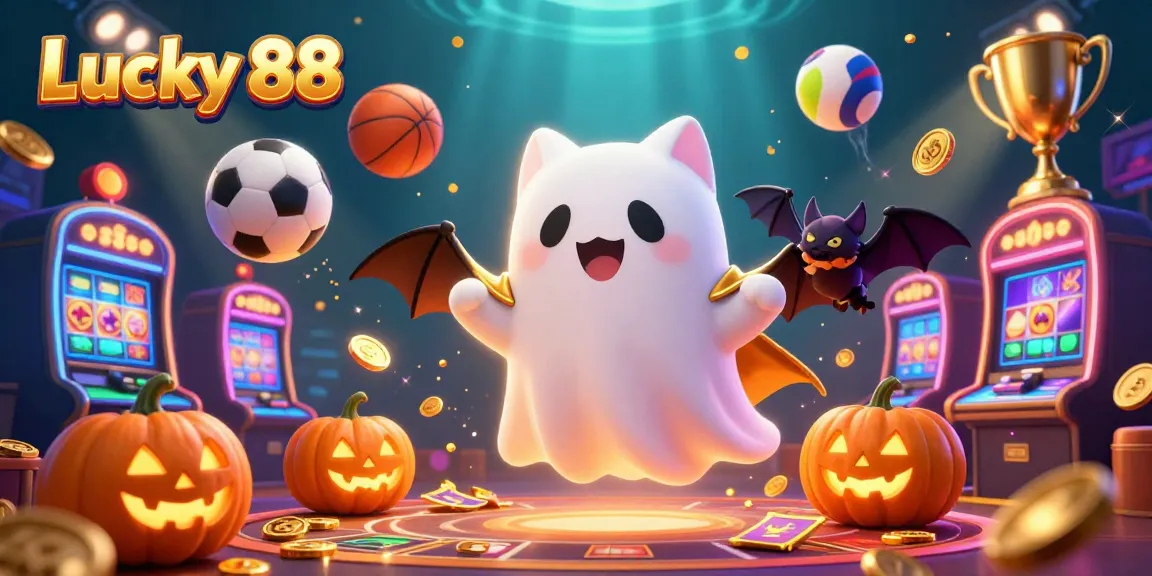 Experience thrilling gameplay with Lucky 88, featuring a ghost cat, sports elements, and vibrant casino icons.