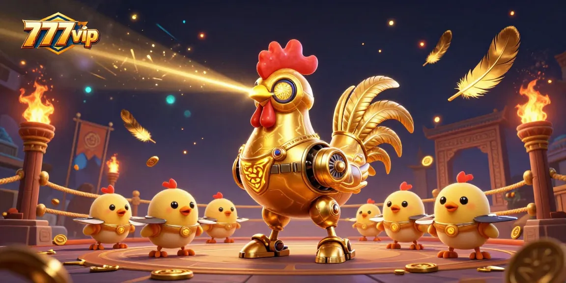 Engage in thrilling gameplay at 777vip with golden rooster robots and baby chick drones in an energetic casino scene.