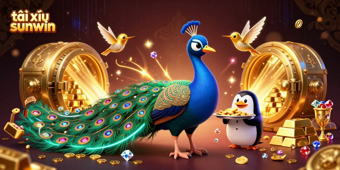 Tài xỉu sunwin showcasing a vibrant casino scene with a peacock, penguin, and hummingbird amidst treasures
