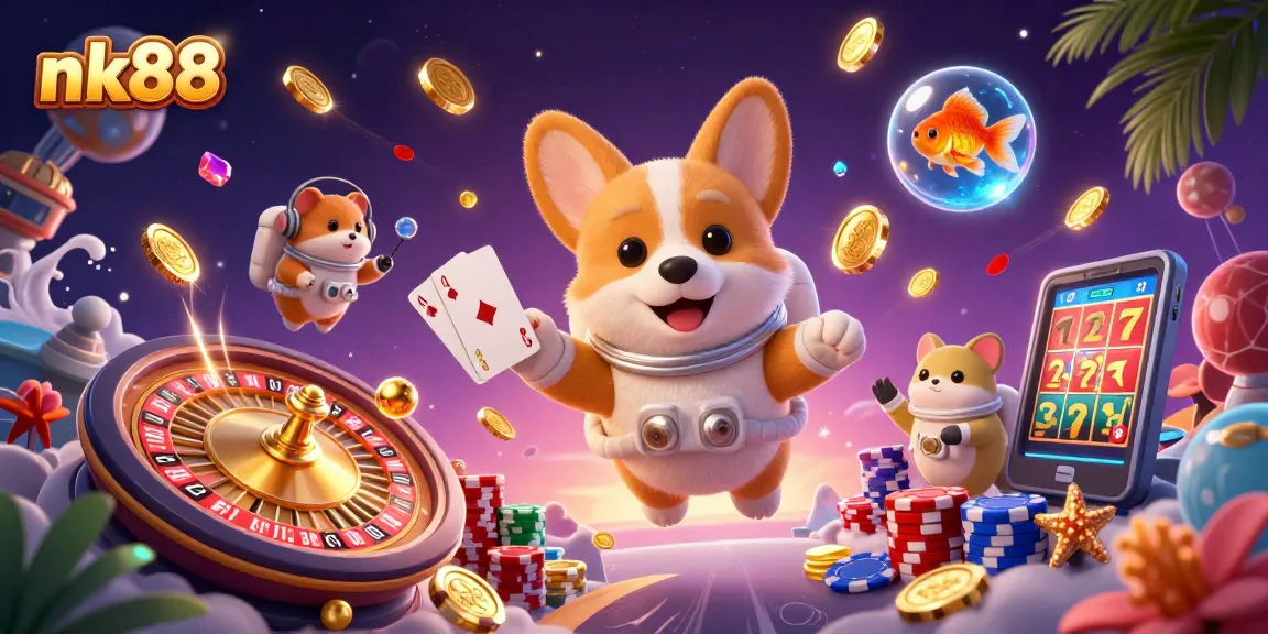 Experience nk88 casino adventures as a floating astronaut corgi interacts with gaming elements.