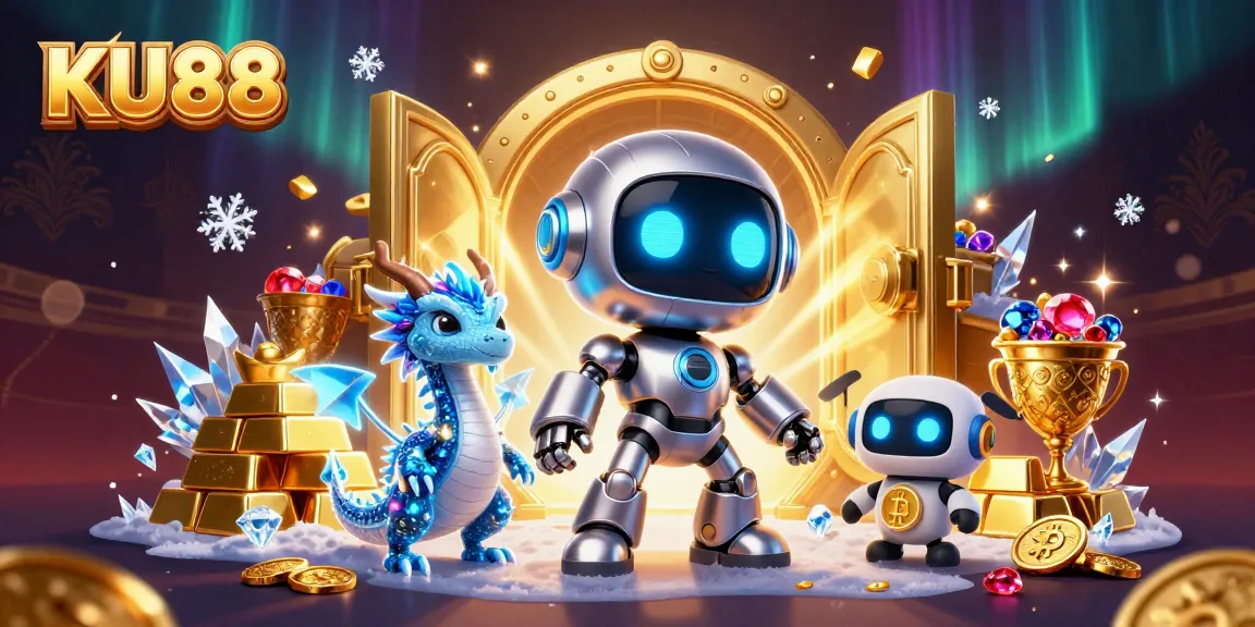 Engage with KU88's vibrant 3D casino scene featuring a cyberpunk mascot and thrilling treasures.