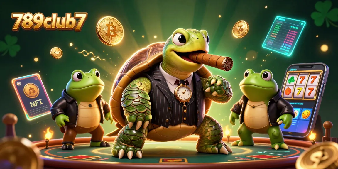 Engage with the exciting visuals of 789club7 featuring a vibrant casino scene with a turtle mobster, showcasing dazzling slots and crypto elements.