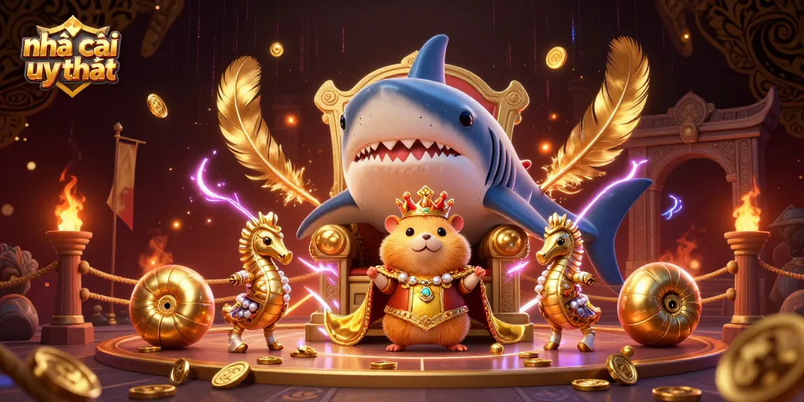 Engage with nhà cái uy tín featuring a regal hamster king surrounded by royal sea creatures in a vibrant casino setting.