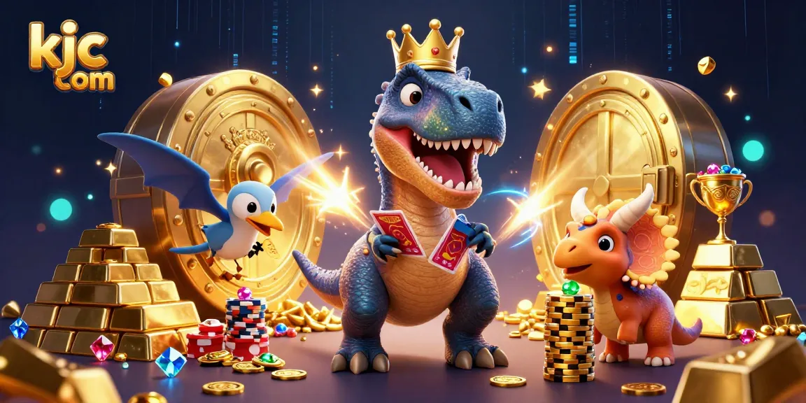 Experience the excitement of winning at kjc com with a vibrant 3D T-Rex card dealer scene.