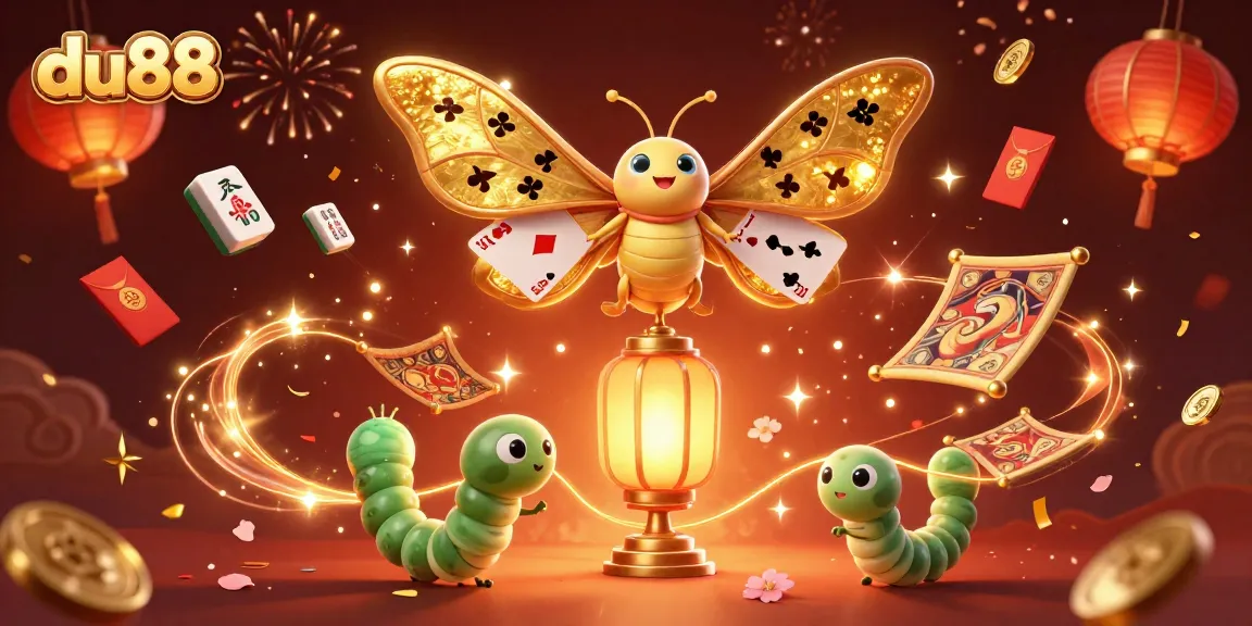 Engage with du88 casino excitement featuring 3D moths, vibrant games, and festive elements.