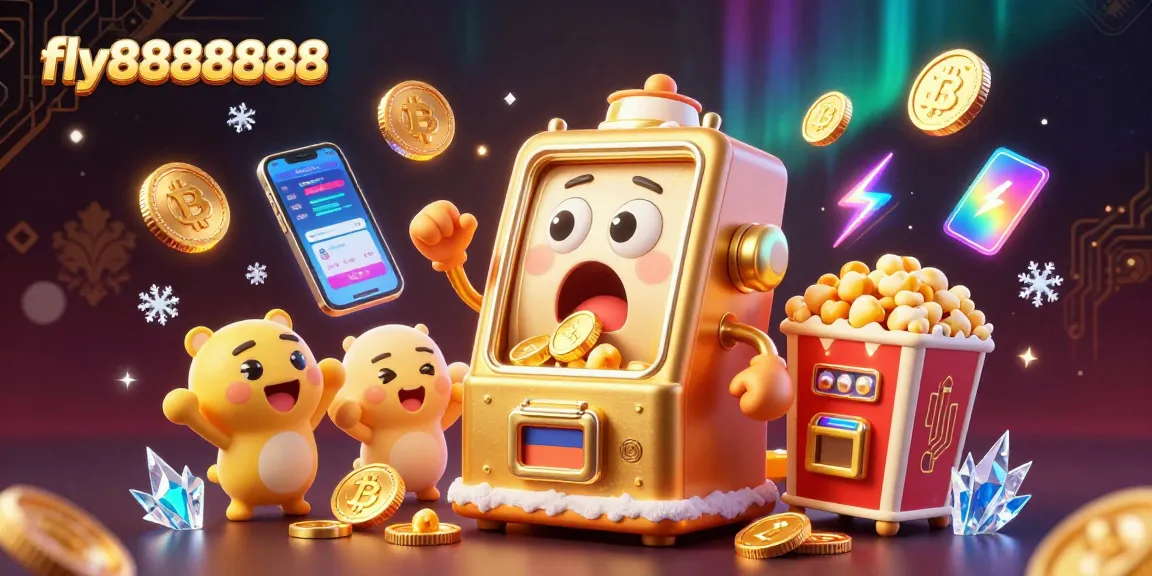 Fly88888888 celebrates winning with a golden slot machine, energized by vibrant coins and crypto elements!