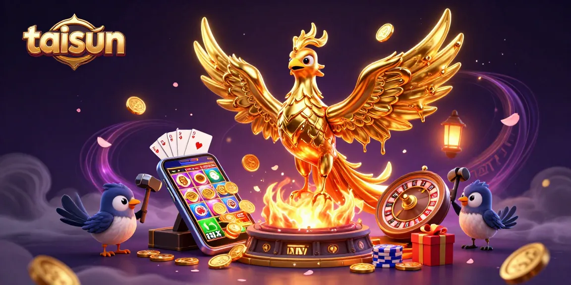 Engage with the exciting gaming experience at taisun featuring a golden phoenix, slot games, and casino elements.