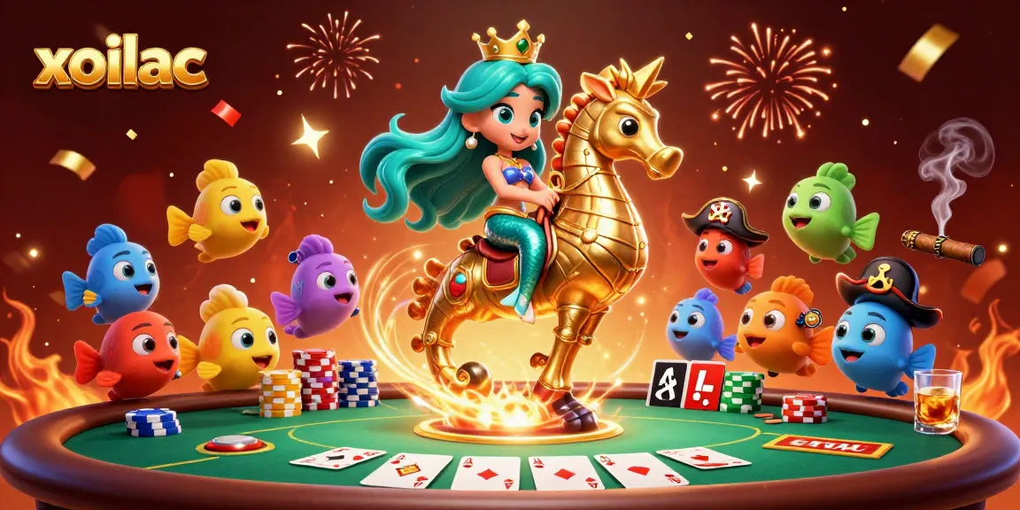 Xoilac offers immersive sports betting experiences with lively cartoon characters amid vibrant casino elements.