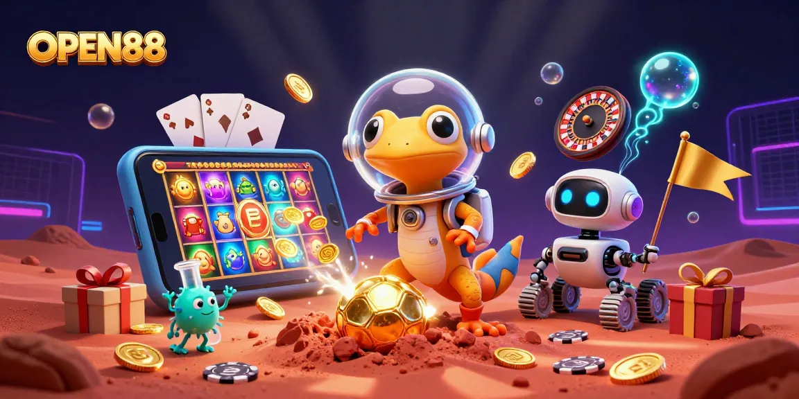 Play thrilling games at OPEN88 with a vibrant scene of a Martian gecko discovering a buried casino.