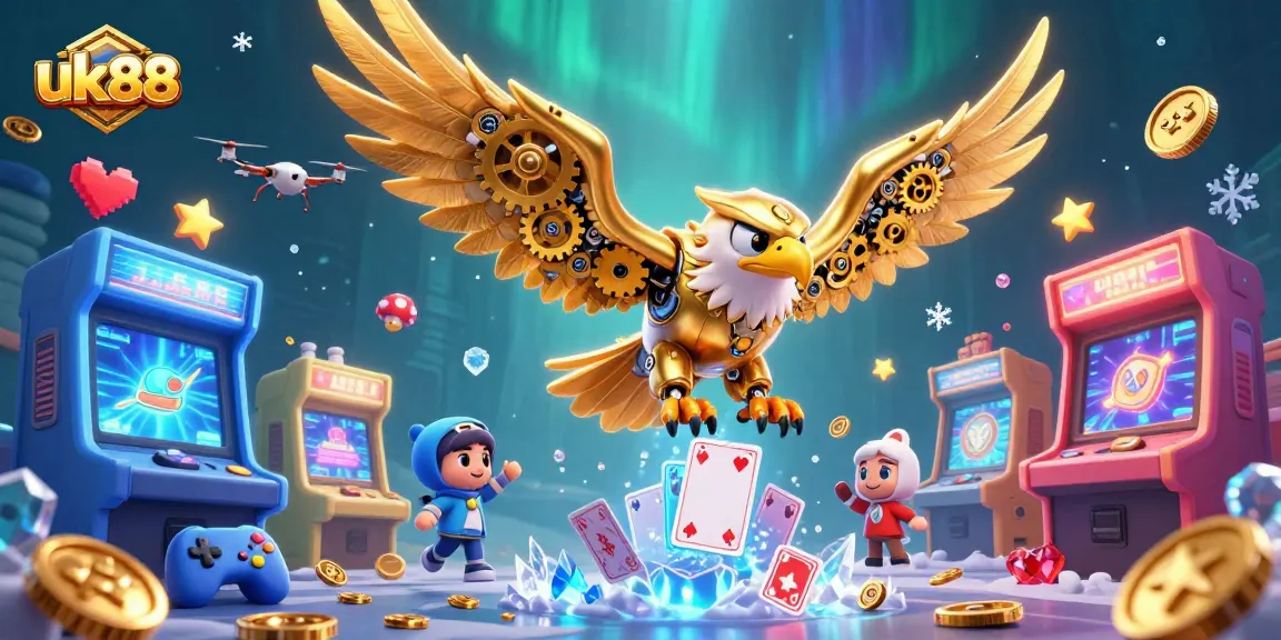 Experience thrilling gameplay with uk88, featuring a cybernetic eagle and vivid casino elements.