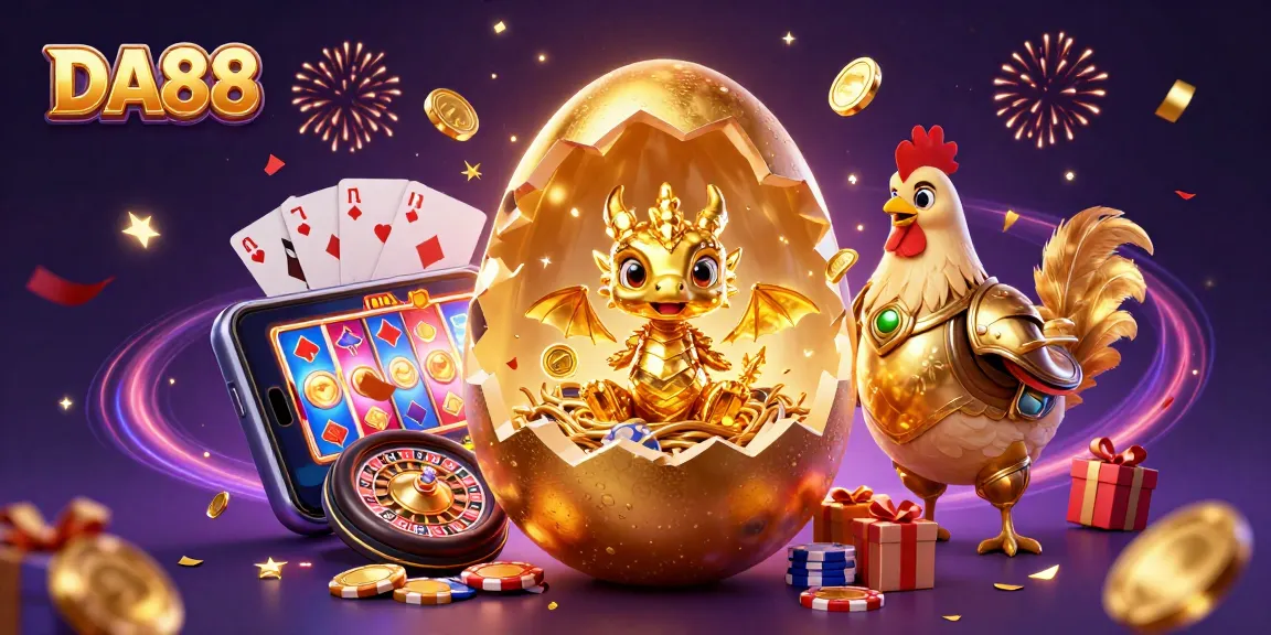 Experience the excitement of DA88 with a golden dragon on poker chips and vibrant casino elements.