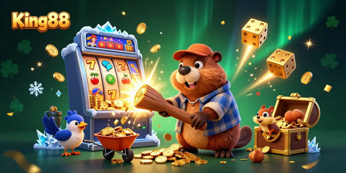 Experience the excitement of King88 with a lively scene of a beaver and friends collecting coins and jackpots.