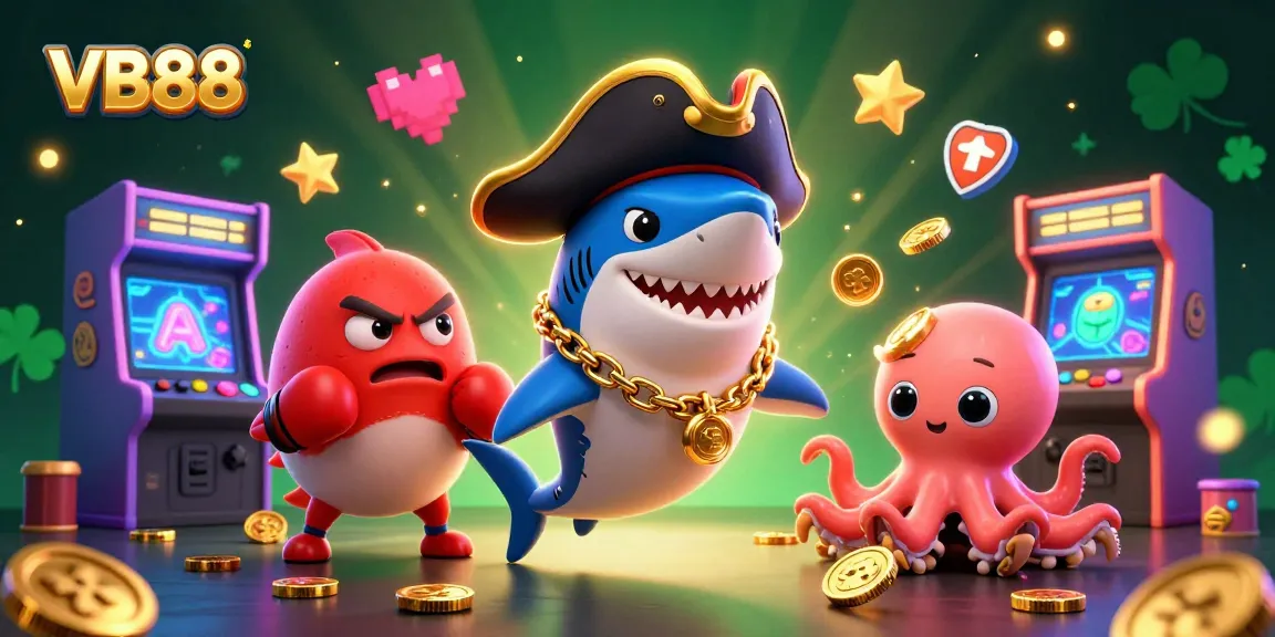 Engage with VB88 action featuring a pirate shark, boxing pufferfish, and octopus in a vibrant casino scene.