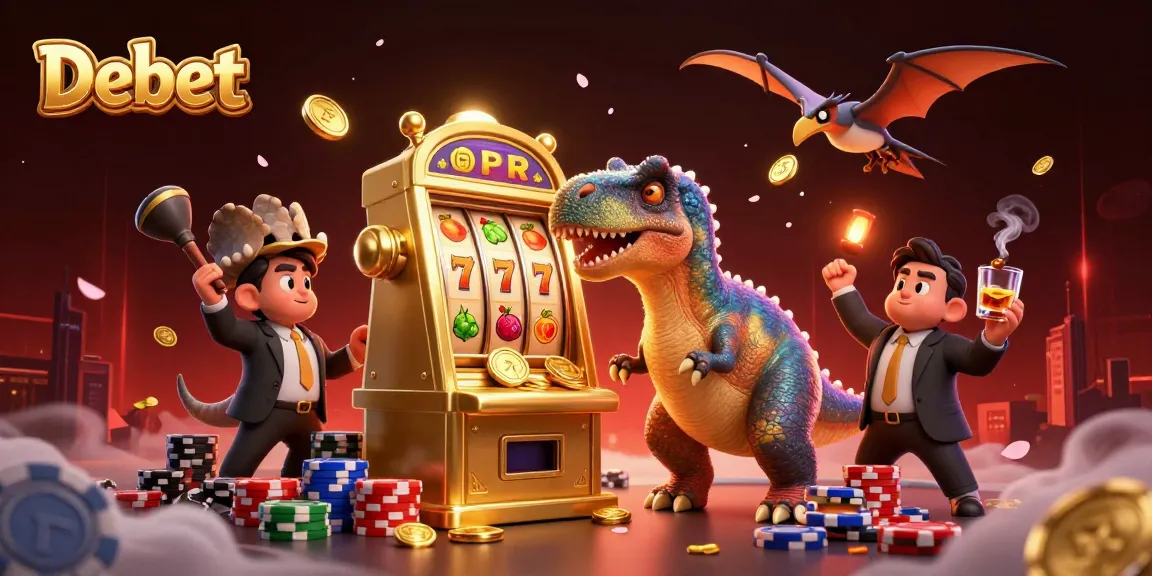 Debet showcases a pachycephalosaurus winning coins from a slot machine in a lively casino scene.