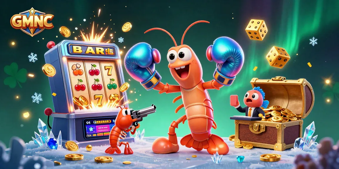 GMNC showcases casino excitement with vibrant shrimp characters amid slot machines and jackpots.