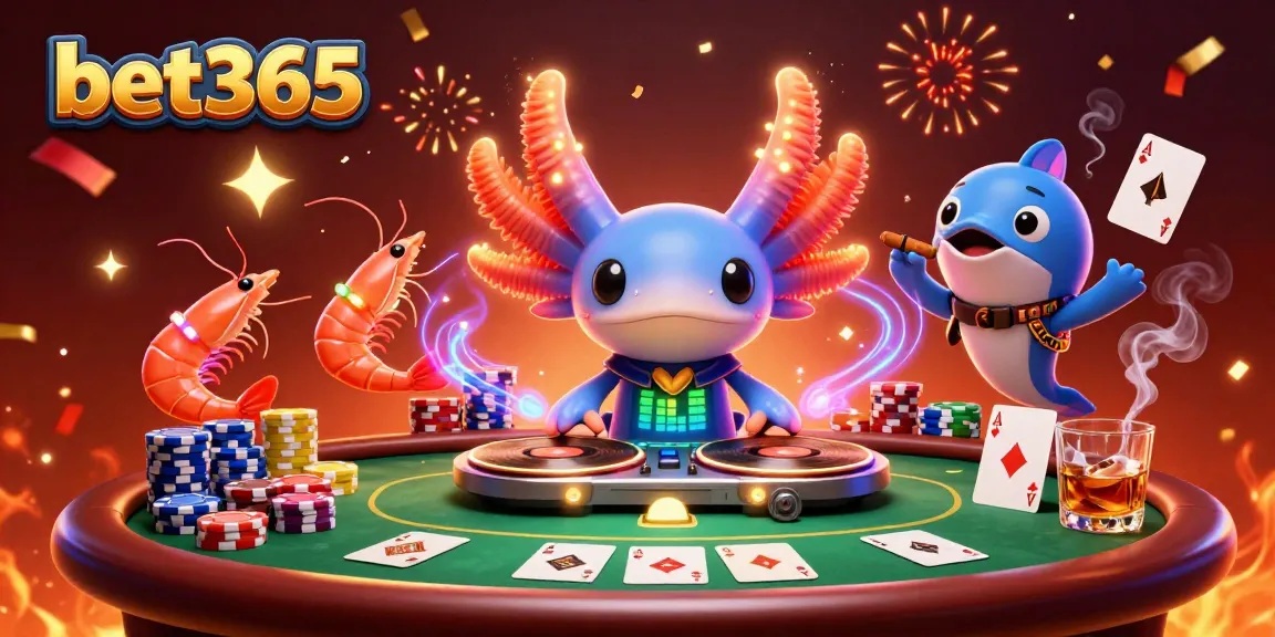 Experience the thrill of bet365 with a vibrant casino scene, featuring a lively axolotl DJ and energetic shrimp dancers.