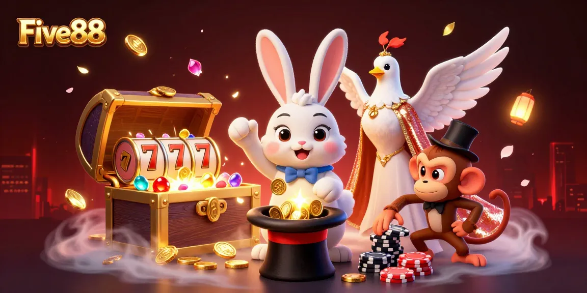 Engage in thrilling slots action with Five88's vibrant casino illustration featuring a magician rabbit, coins, and poker chips.
