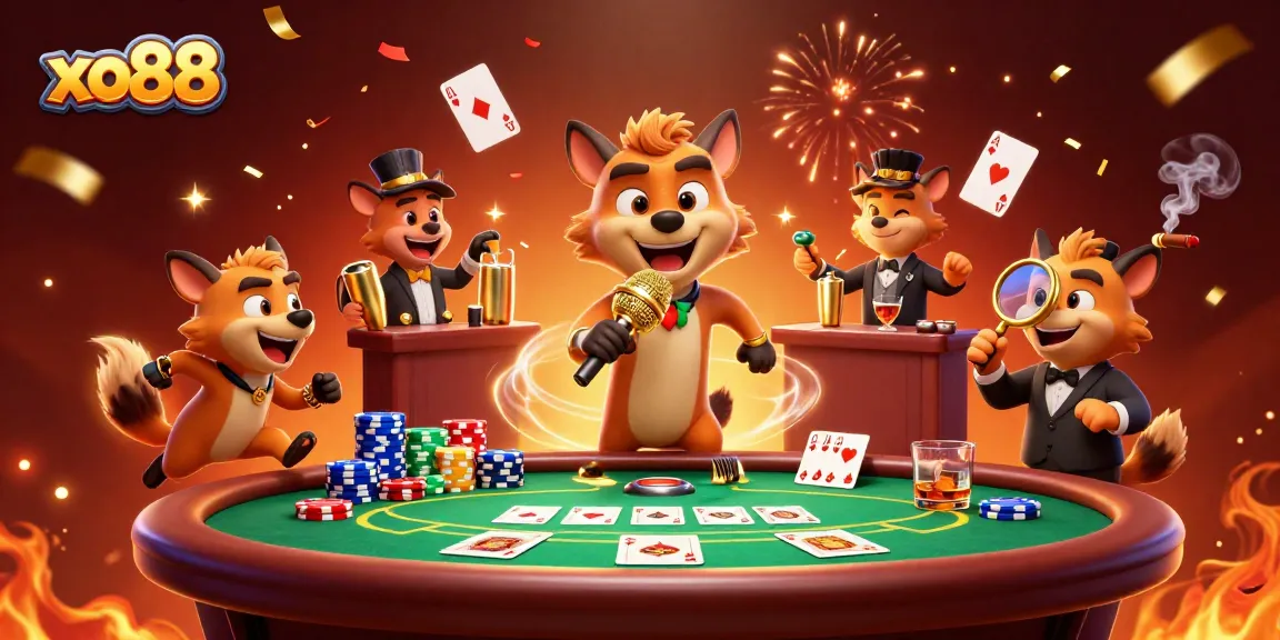 Engage with xo88's vibrant comedy casino scene showcasing lively hyenas and dynamic poker elements.