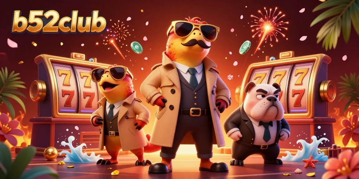 Experience the thrilling b52club with raptors entering a casino, surrounded by slot reels and festive elements.
