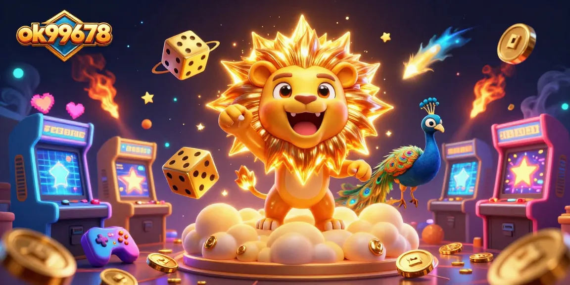 Experience the thrill of ok99678 with a dynamic casino scene featuring golden dice and arcade games.