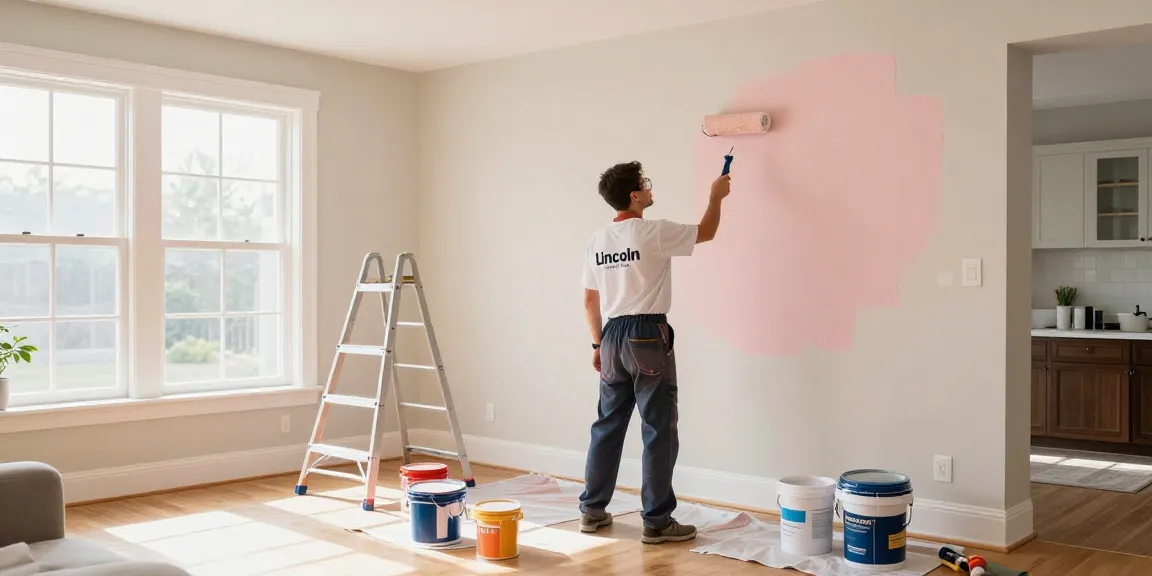 Professional lincoln painter and decorator applying fresh paint in a beautifully decorated living room, showcasing quality craftsmanship.