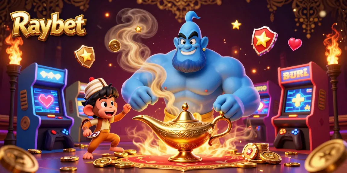 Immerse yourself in Raybet's exciting world, with a genie, monkey, and poker chips amidst vibrant game machines.