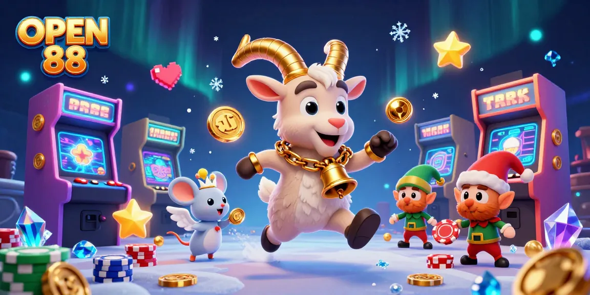 Play thrilling casino games at OPEN 88 while enjoying a lively cartoon scene of festive characters.