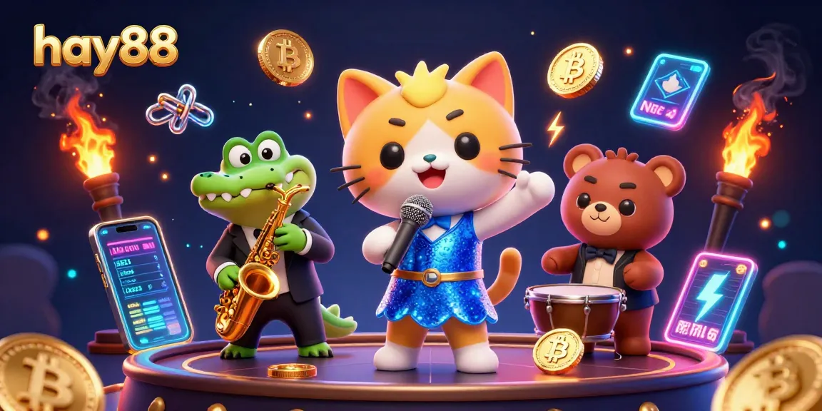 Play with hay88 and enjoy a vibrant casino scene featuring lively characters and crypto elements.