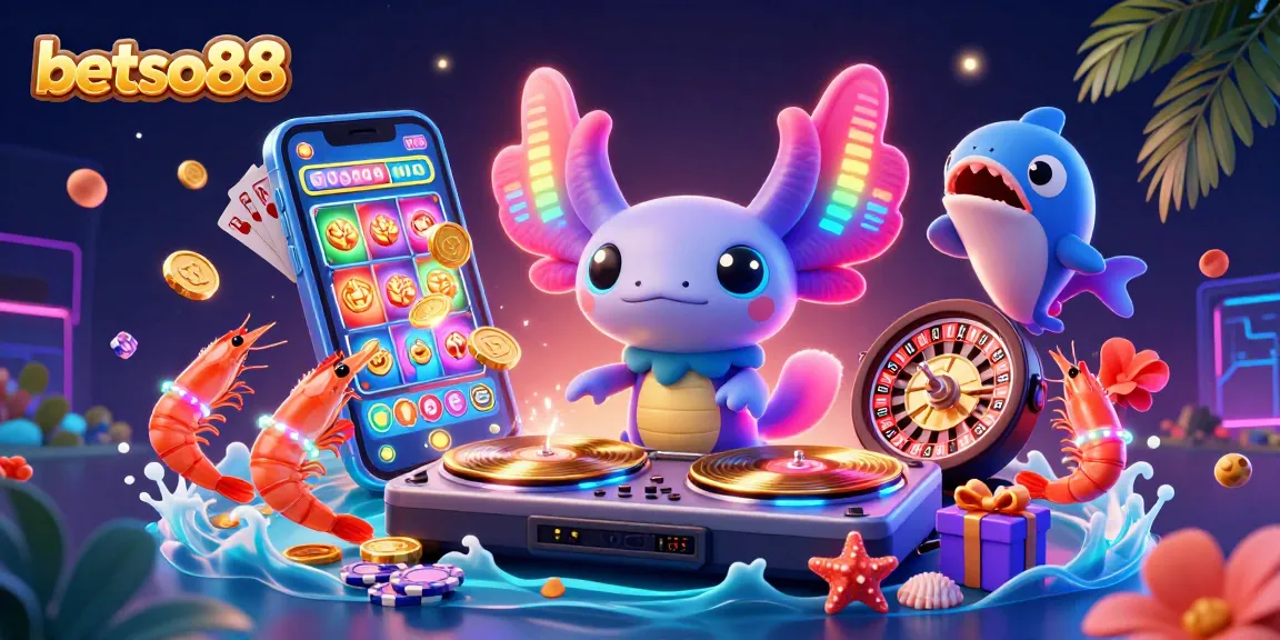 Engage with betso88's thrilling games through a vibrant underwater scene featuring a neon axolotl DJ.