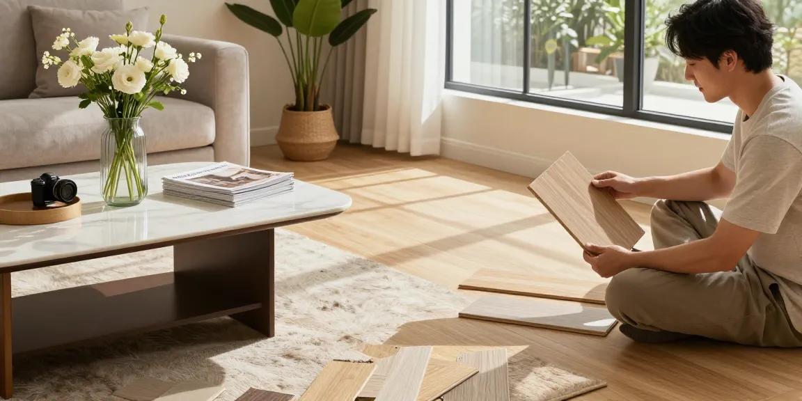 Homeowner exploring modern wood flooring solutions in a cozy living room setting with natural light.