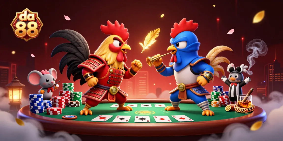 Battle between the da 88 roosters on a poker table, showcasing vibrant elements and dramatic gameplay.