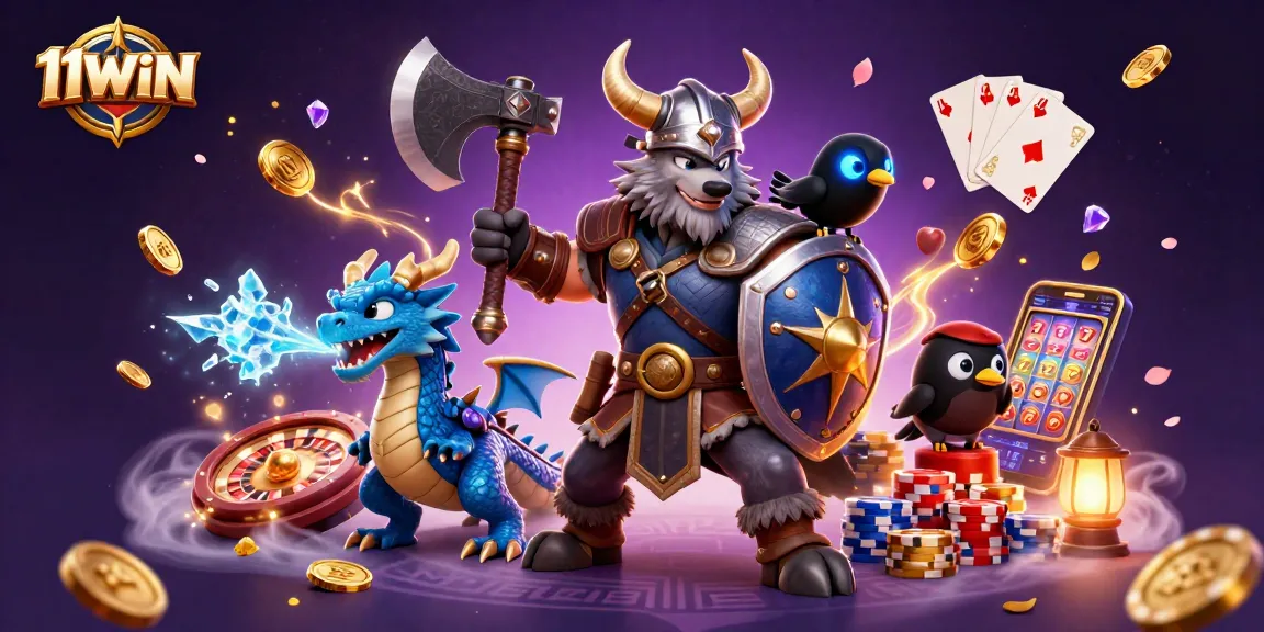 Experience 11WIN's thrilling gameplay with an epic Viking wolf and dragon in a vibrant casino scene.